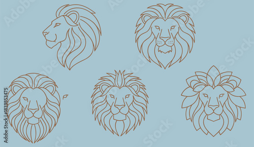 Stylized lion head icons, symmetrical brown line art with unique mane designs, flat vector illustration