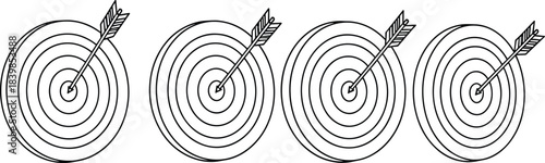 Archery target icons with arrows hitting bullseye, symbol of accuracy and success, flat vector illustration