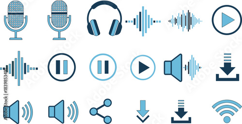 Audio and media icons, microphones, headphones, sound waves, playback controls, download and share symbols, flat vector illustration
