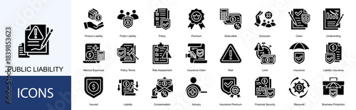 public liability icon collection set. Containing Product Liability, Policy, Premium, Deductible, Exclusion, Claim, Underwriting icon