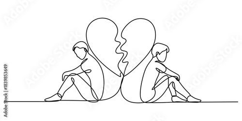 Continuous line drawing of couple sitting on either side of broken heart