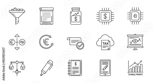 A collection of line icons representing various aspects of finance, business, cryptocurrency, legal, and data management.