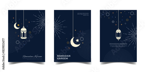 Happy ramadan kareem greeting card or poster design with ornament on dark blue background