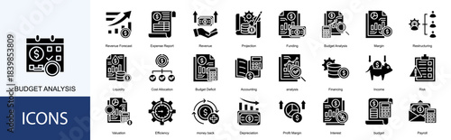 budget analysis icon collection set. Containing Margin, Restructuring, Liquidity, Cost Allocation, Budget Deficit, Accounting, analysis, Financing, Income icon