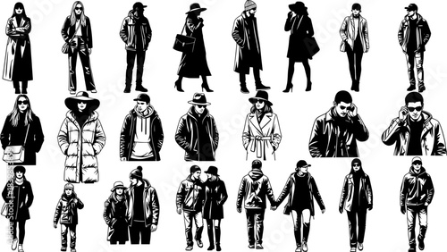 Vector silhouettes man and women, illustration. Silhouettes of people posing in warm winter clothes. Transparent EPS version.