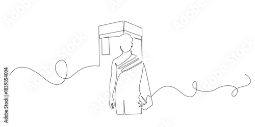 Continuous line drawing of a pilgrim standing in front of the Kaaba wearing traditional ihram clothing.Single line illustration representing devotion faith spirituality and the sacred pilgrimage.