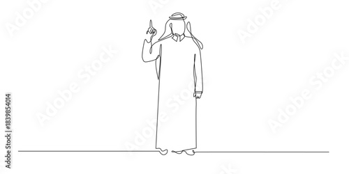 Continuous line drawing of an Arab man raising one finger in a traditional outfit.
Single line illustration symbolizing guidance faith teaching and cultural identity.