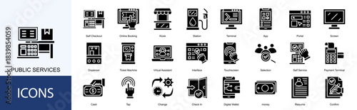 public services icon collection set. Containing  Online Booking, Kiosk, Station, Terminal, App, Portal, Screen icon