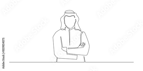 Continuous line drawing of an Arab man standing with arms crossed showing confidence and calm posture.Single line illustration suitable for cultural themes identity representation and character design