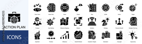 action plan icon collection set. Containing Vision, Dream, Plan, profile, Action, Target, Purpose, Goal Setting icon