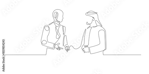Continuous line drawing of a Middle Eastern man engaged in conversation with an AI robot.single line man collaborates with AI technology robot.