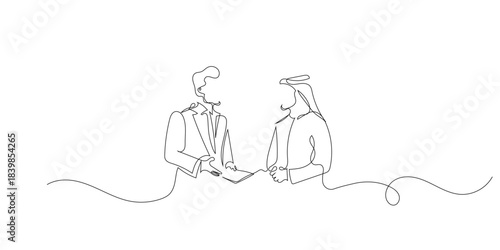 Continuous line drawing of an Arab businessman in traditional clothing shaking hands with a Western executive. Single-line illustration symbolizing global partnership, trust, and business cooperation.