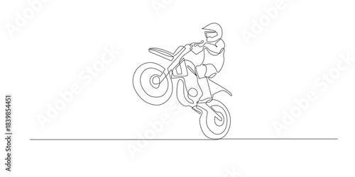Continuous line drawing of a motocross rider performing a wheelie on an off-road motorcycle. Single-line illustration representing adrenaline, balance, skill, and extreme sport action.