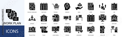 work plan icon collection set. Containing Purchase, distraction, salary, profile, Productivity, task, teamwork icon