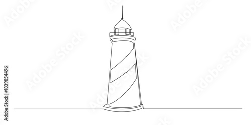 Continuous line drawing of a tall coastal lighthouse standing firmly. Single line illustration representing guidance safety navigation and a bright beacon for sailors.