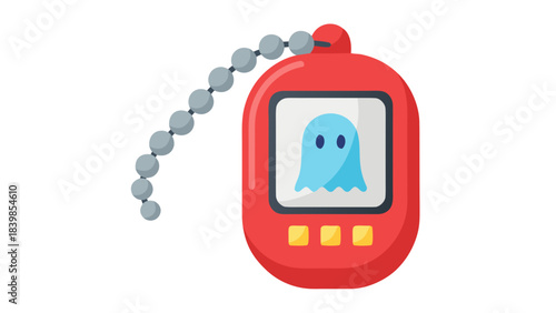 Red Digital Pet Game Device with Blue Ghost Character on Screen on Black Background