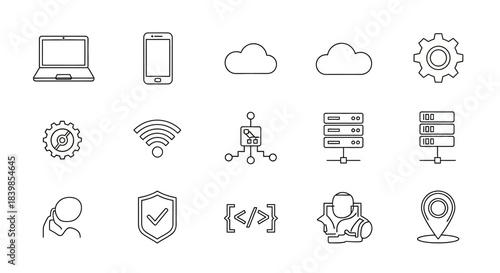 A collection of outline icons representing various aspects of technology, including devices, cloud computing, networking, security, and development.