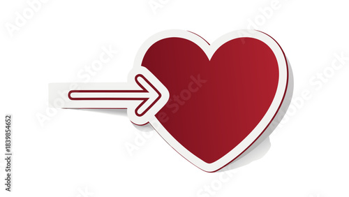 Red Heart Shape with Arrow Silhouette Indicating Direct Hit on Black Background Valentine Symbol Love Concept Isolated Element with White Outline and Shadow Detail