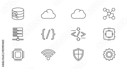 A set of twelve outline icons depicting various technology, computing, data, and networking concepts.