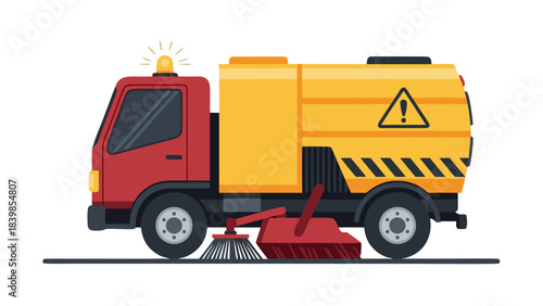 Red Street Sweeper Truck with Yellow Debris Tank and Warning Sign on a Black Background Clean Service Vehicle Performing Road Maintenance Detailed Vector Illustration