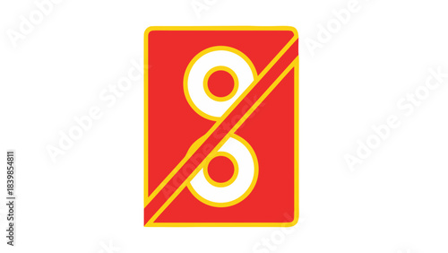 Red Square With Yellow Border Containing White Number Eight Divided By Yellow Line On Black Background Graphic Design