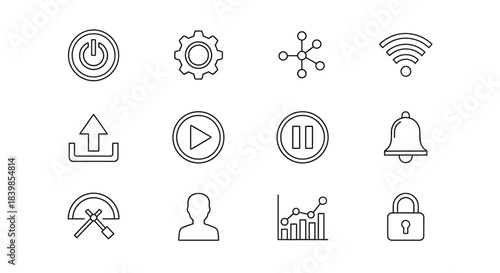 A collection of outline icons representing various digital and system functions such as power, settings, network, Wi-Fi, upload, play, pause, notification, tools, user, analytics, and security.