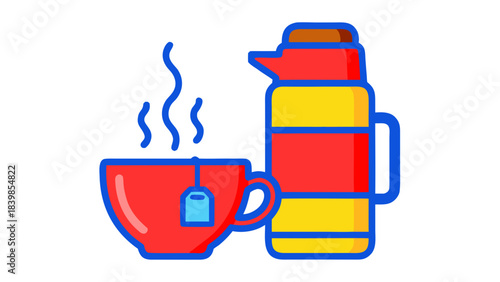 Red Tea Cup With Steam Next To A Yellow And Red Thermos Bottle On A Black Background Vector Illustration