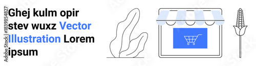 E-commerce, online shopping, business branding, organic products, digital storefronts, sustainable commerce. A shop window with a cart icon and organic elements. E-commerce and online shopping