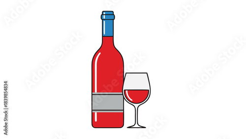 Red Wine Bottle And Glass Isolated On Black Background With Minimalist Design Featuring Red Liquid And Blue Cap Label Area For Text