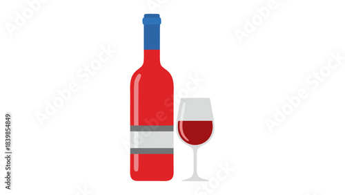 Red Wine Bottle With Blue Cap Next To A Wine Glass Filled With Red Wine Isolated On A Black Background Simple Flat Design Minimalist Graphic Element For Beverage Advertising And Celebration Themes