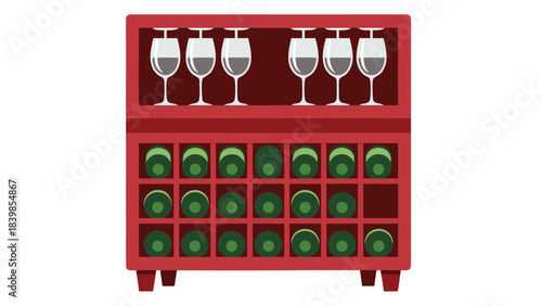 Red Wine Rack Filled With Green Wine Bottles And Empty Wine Glasses On Top Shelf Illuminated With Soft Light Against Black Background