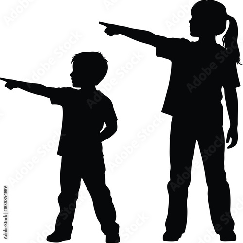 Silhouette of two children pointing forward
