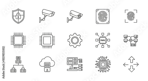 Line art icons representing various aspects of technology, cybersecurity, data management, and surveillance systems.