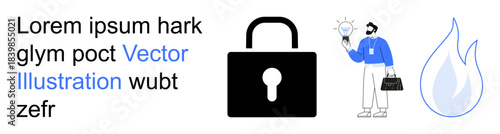 Data security, innovation, idea generation, business solutions, fire safety, conceptual thinking. Lock icon, businessman and flame icon. Data security and innovation