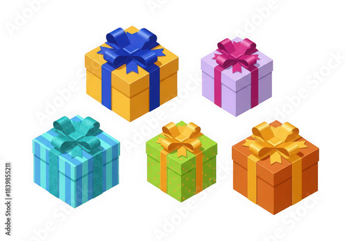 Isometric gift boxes with ribbon bows isolated on transparent background, colorful presents for holiday