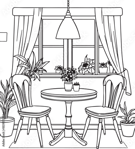 Living room interior with wooden furniture, chairs, and window light