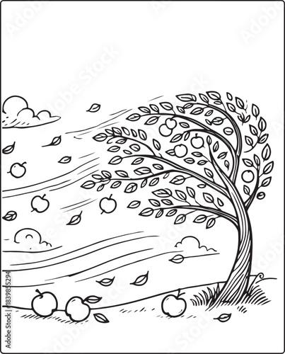 Abstract vector set of tree silhouettes and floral scroll elements for decorative nature design