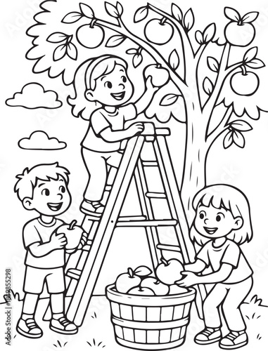 Cartoon boy kid child painting a wall with a bucket and brush, an illustration for a coloring book