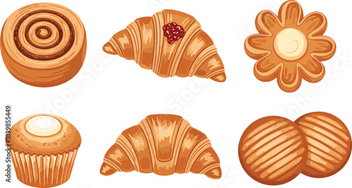 Assorted baked goods illustration featuring croissants, cookies, cupcake, and cinnamon roll for bakery menu, food styling, and design