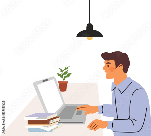 Young Man Focused on Laptop Work at Home Office Desk