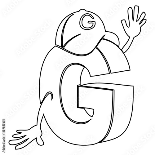 Playful Letter G: An animated, friendly G character waves hello, bringing a sense of fun to learning. The outlined design offers a playful style.