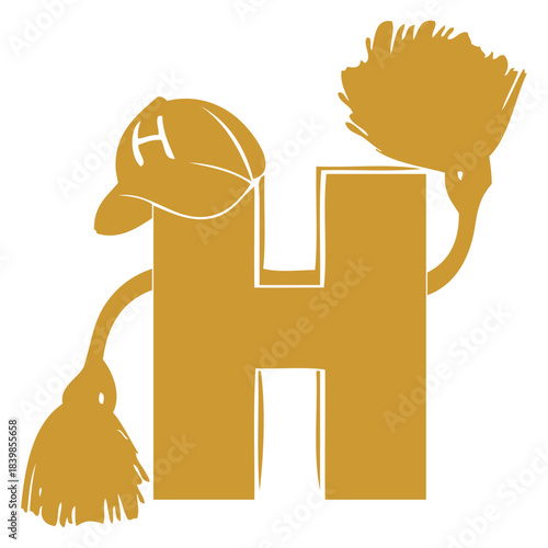 Cleanliness Logo: A stylized H character adorned with a cap, holding a cleaning tool in a warm, inviting golden color. conveying a message of cleanliness and service.