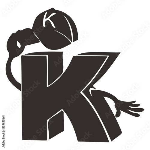 The letter K: Animated character concept and the letter K takes on a playful form with stylized arms, a cap, ready to engage and bring any project to life.