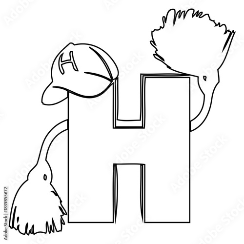 H Symbol Cartoon: A whimsical illustration of the letter H, personified with a hat and a feather duster, embodying the concept of helpfulness.