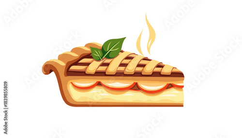 Slice of apple pie with steaming aroma and fresh mint garnish  