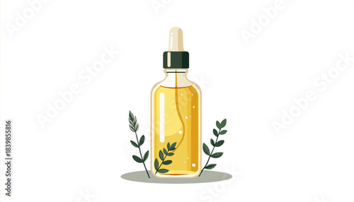 Glass bottle with yellow oil and green leaves on white background  