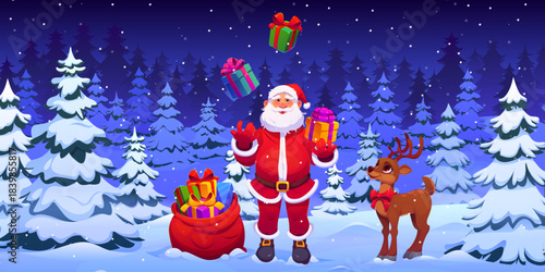 Santa Claus juggling Christmas gifts at winter snowy forest, vector Xmas holiday greeting card. Cartoon funny Santa juggler character showing circus trick with festive gift boxes to cute Xmas reindeer
