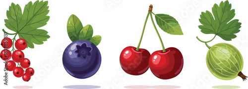 Cartoon-style berry and fruit illustration set featuring currants, blueberries, cherries, and gooseberries with leaves for culinary use