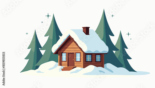Cozy wooden cabin covered in snow surrounded by evergreen trees  