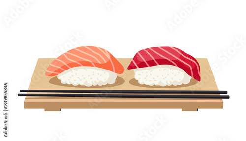 Sushi nigiri with salmon and tuna on wooden board with chopsticks  